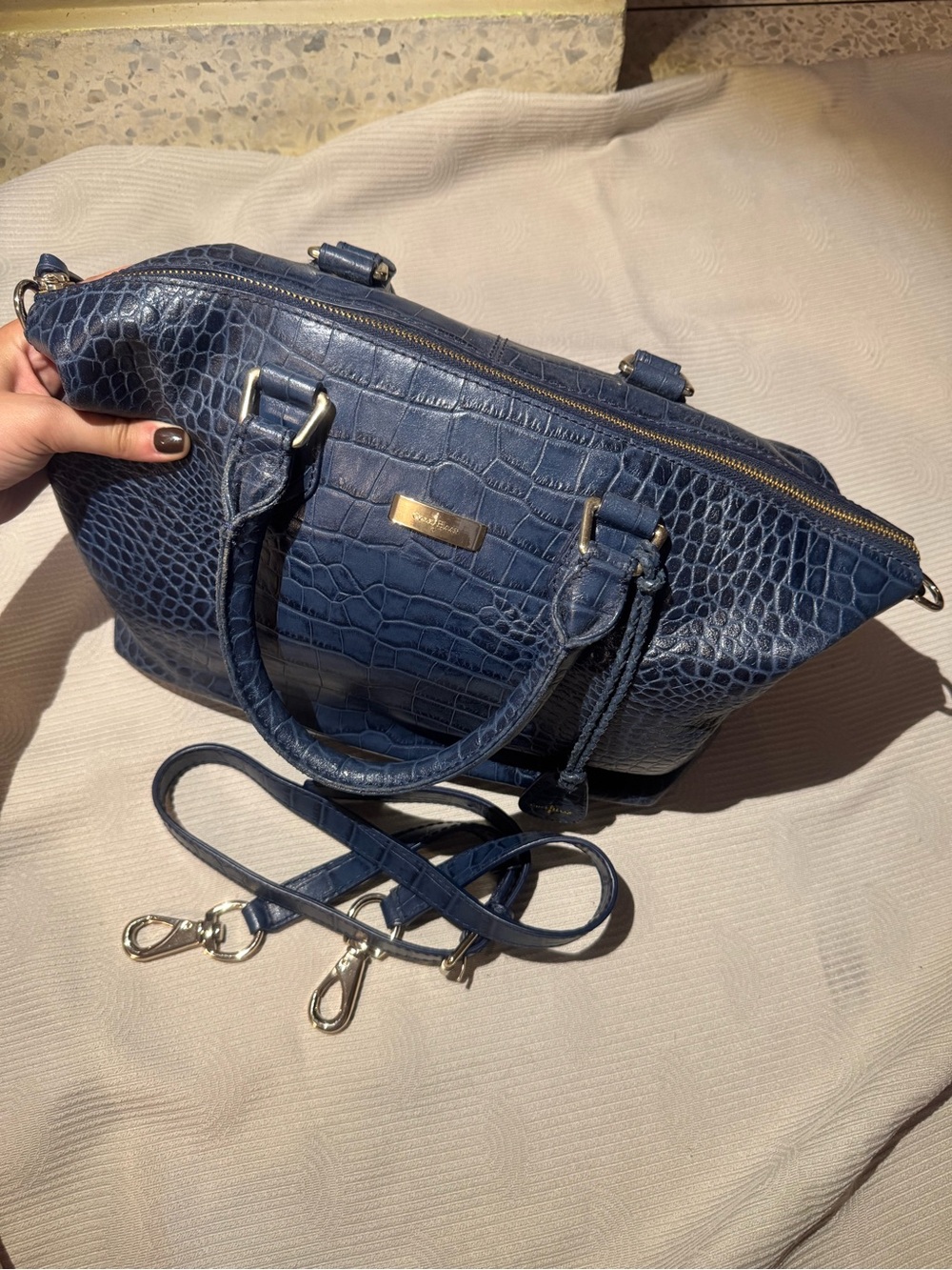 Cole Haan Navy Croc-Embossed Satchel with Detachable Strap